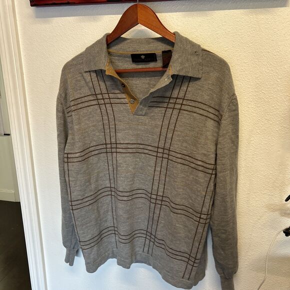 Mens Toscano Button Collar Polo Sweater Large Plaid Gray 100% Wool Made in Italy - Picture 7 of 14